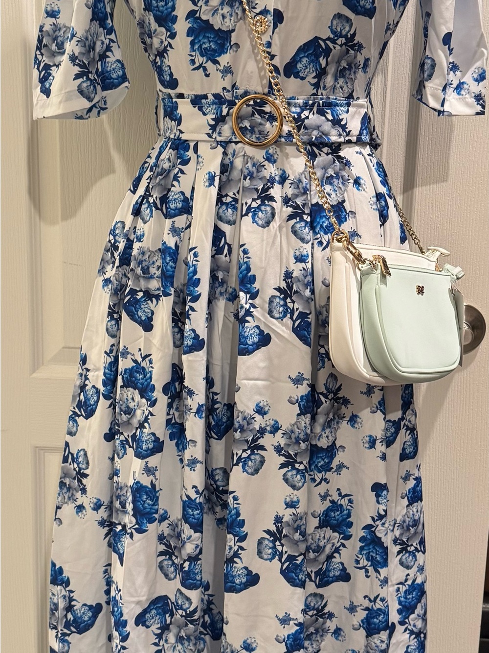 Blue Floral Belted Midi Dress - White & Blue - Picture 2 of 2